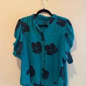 Ann Taylor Teal Blouse with Black Floral Design